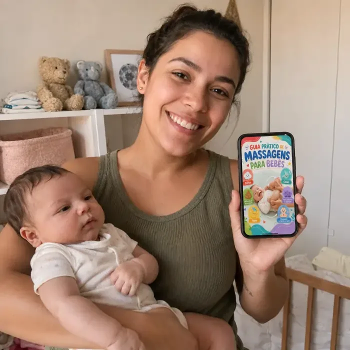 Mãe com bebê mostrando o guia de massagens no celular